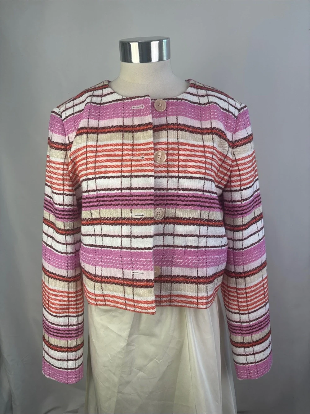 NWT ANN TAYLOR PINK STRIPED CROPPED JACKET - Picture 3 of 9